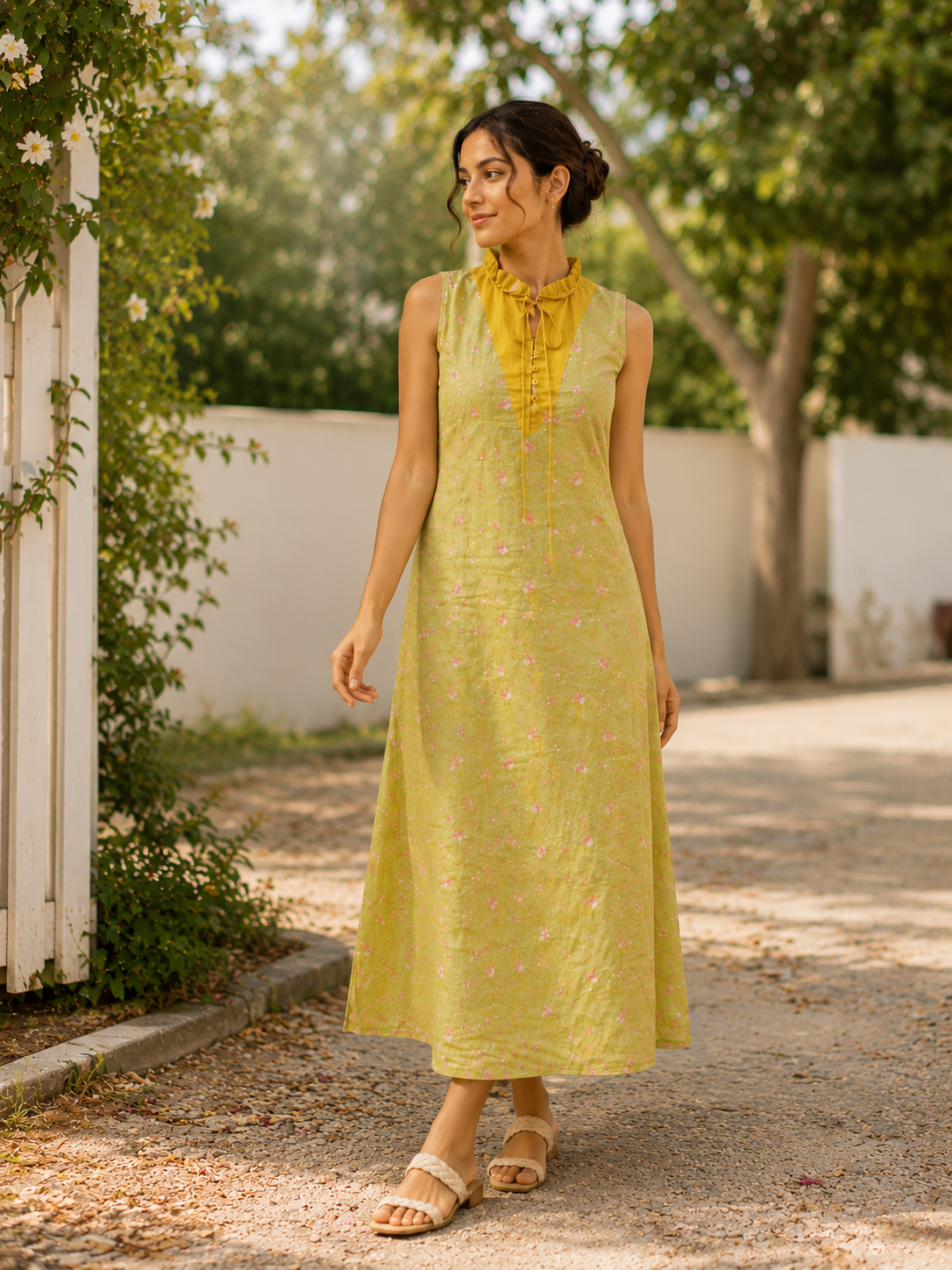 Floral Print A-line Dress with Side Tie-Ups