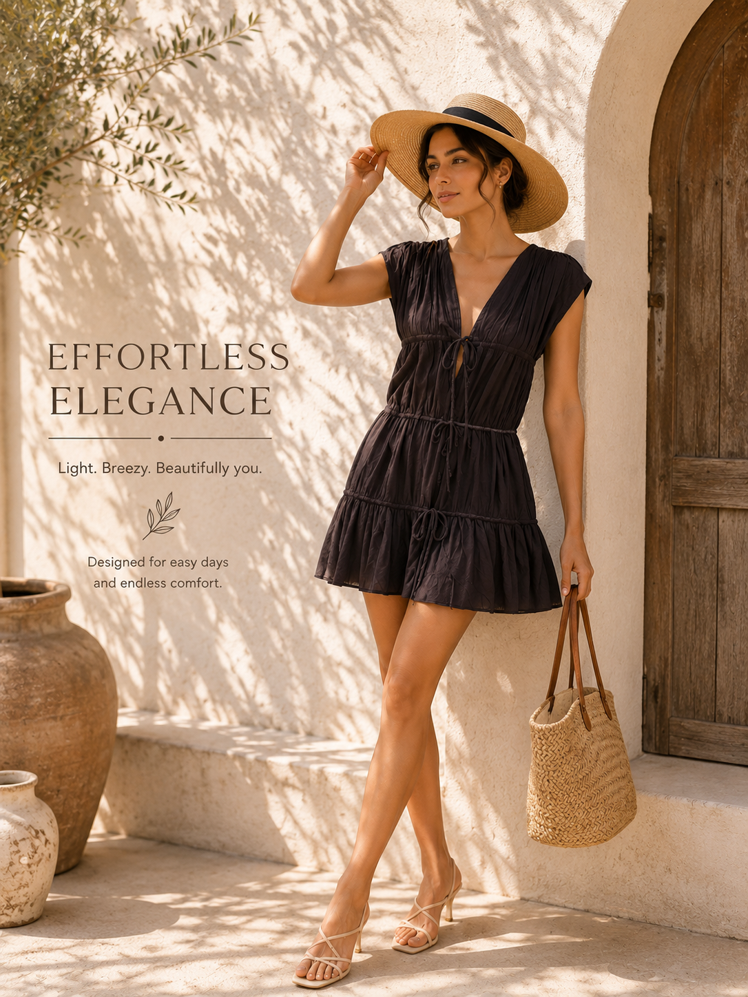Tie-Front Tiered Mini Dress – Dark Chocolate Brown