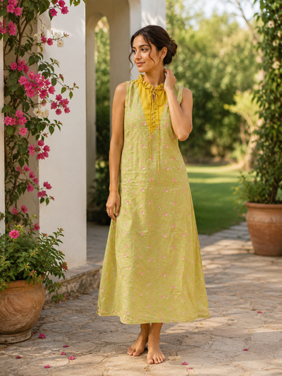 Floral Print A-line Dress with Side Tie-Ups