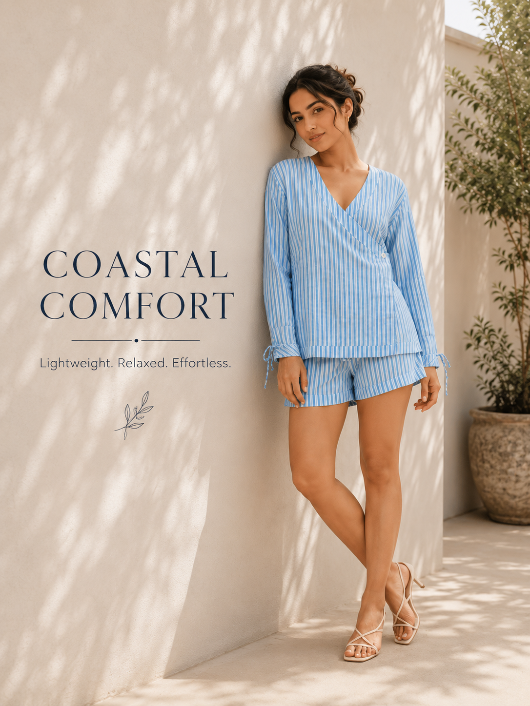 Austin Wrap Shirt features a blue and white striped pattern