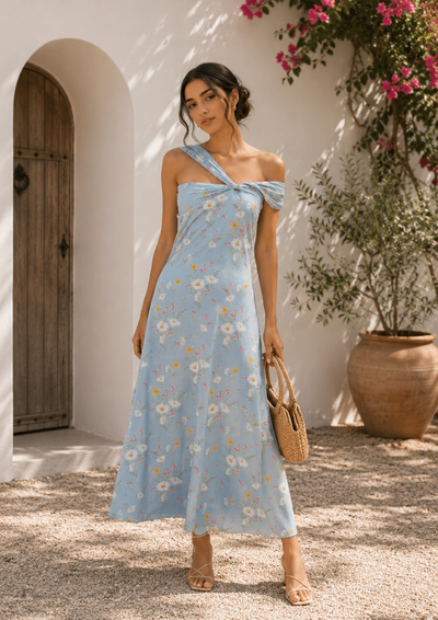Floral One-Shoulder Maxi Dress – Sky Blue Summer