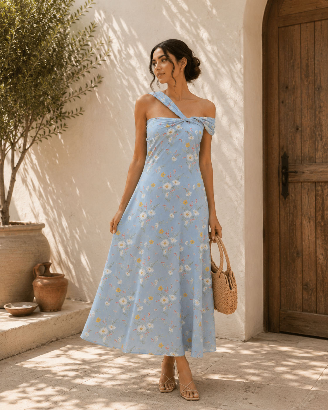 Floral One-Shoulder Maxi Dress – Sky Blue Summer