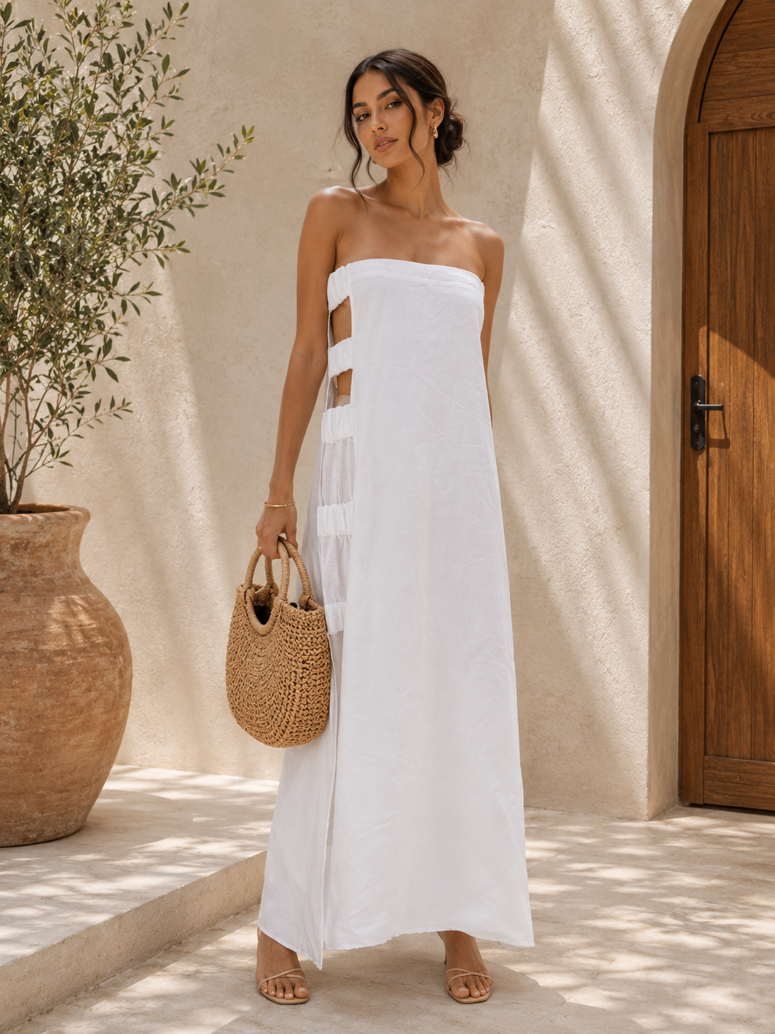 Strapless Side Cut-Out Maxi Dress –  White Resort Wear