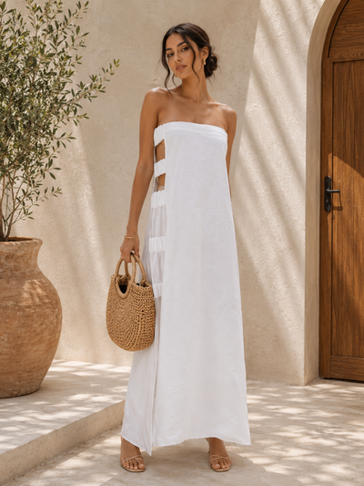 Strapless Side Cut-Out Maxi Dress –  White Resort Wear